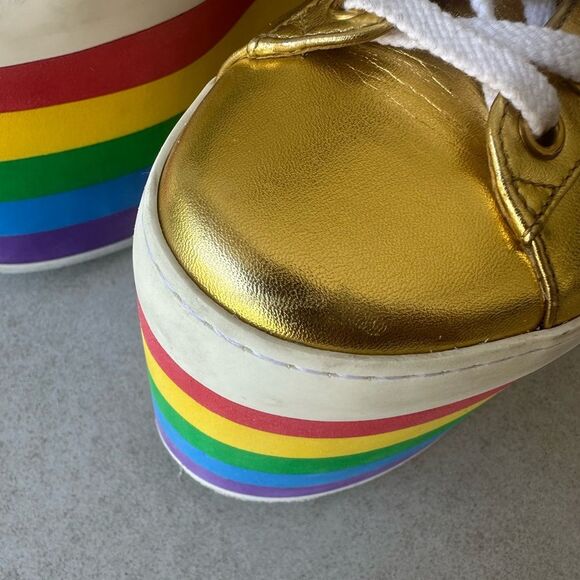 Gucci Peggy Rainbow Platform Sneakers EU 38 US 8 Gold Lace Up Slatform Shoes - Picture 16 of 16